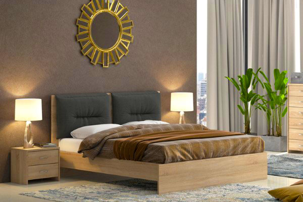 Διπλό ξύλινο κρεβάτι με ντυμένο κεφαλλάρι 1Ν08