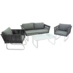 Σαλόνι κήπου Ummo 136-000006 σετ 4τμχ μέταλλο-γυαλί λευκό ματ-ύφασμα γκρι