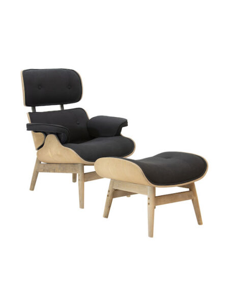 Πολυθρόνα-υποπόδιο relax Mirto 167-000008 μασίφ ξύλο καρυδί-ύφασμα μαύρο